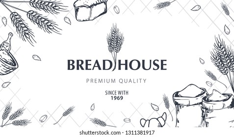 Bakery background with wheats. Linear graphic. Bread banner collection. Bread house. Vector illustration