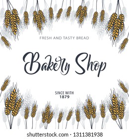 Bakery background with wheats. Linear graphic. Bread banner collection. Bread house. Vector illustration