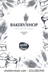 Bakery background with wheats. Linear graphic. Bread banner collection. Bread house. Vector illustration