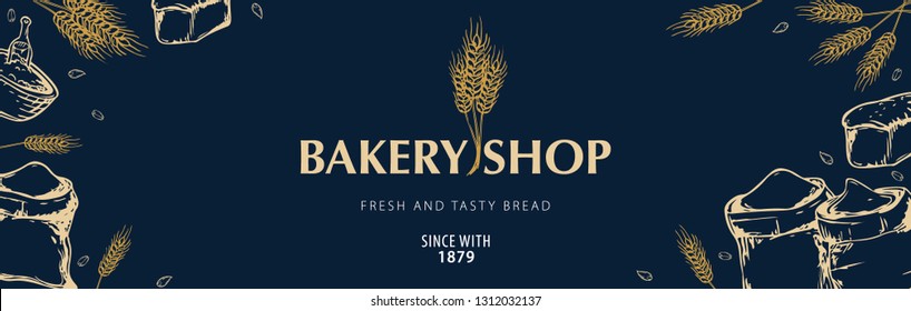 Bakery background with wheats. Linear graphic. Bread banner collection. Bread house. Vector illustration