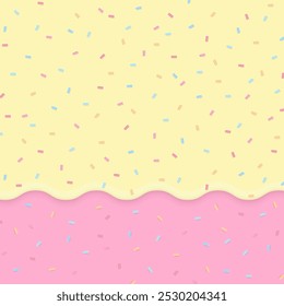 Fundo da padaria. O líquido amarelo flui sobre um fundo cor-de-rosa com polvilhos de açúcar multicoloridos.