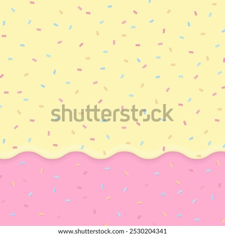 Bakery background. Yellow liquid flows on a pink background with multicolor sugar sprinkles.