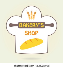 Bakery badge or label in old or vintage style. Chef hat with wheat ears and bread symbol. Colorful vector illustration.