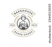 Bakery badge or label retro vector illustration baker woman holding basket with bread silhouette for bakehouse. Vintage typographic logo design.