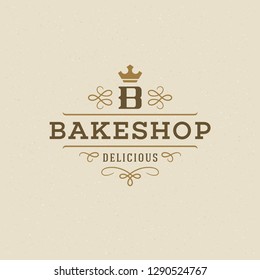 Bakery badge or label retro vector illustration. Flourishes line ornament monogram for bakehouse. Typographic logo design.