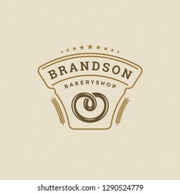 Bakery badge or label retro vector illustration. Pretzel silhouette for bakehouse. Typographic logo design.