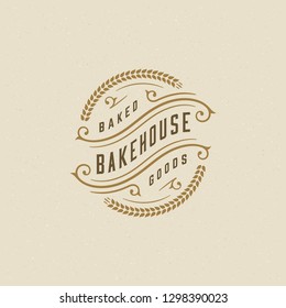 Bakery badge or label retro vector illustration. Flourishes line ornament monogram for bakehouse. Typographic logo design.
