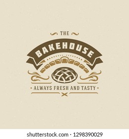 Bakery badge or label retro vector illustration. Pie and oven silhouettes for bakehouse. Typographic logo design.