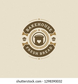 Bakery badge or label retro vector illustration. Bread and cupcake silhouettes for bakehouse. Typographic logo design.