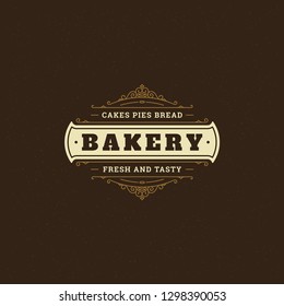 Bakery badge or label retro vector illustration. Flourishes line ornament for bakehouse. Typographic logo design.