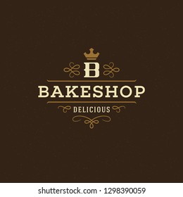 Bakery badge or label retro vector illustration. Flourishes line ornament monogram for bakehouse. Typographic logo design.