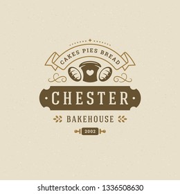 Bakery badge or label retro vector illustration. Bread and loaf silhouettes for bakehouse. Typographic logo design.