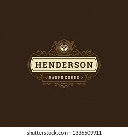 Bakery badge or label retro vector illustration. Flourishes line ornament monogram for bakehouse. Typographic logo design.