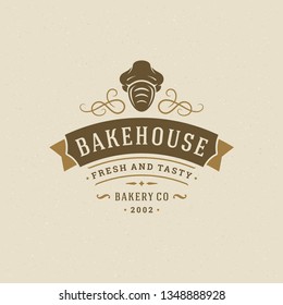 Bakery badge or label retro vector illustration. Bread or loaf i chef hat silhouette for bakehouse. Typographic logo design.