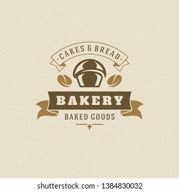 Bakery badge or label retro vector illustration. Cupcake and coffee bean silhouettes for bakehouse. Typographic logo design.