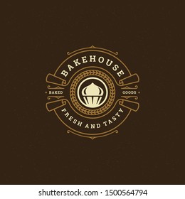 Bakery badge or label retro vector illustration cupcake silhouette for bakehouse. Vintage typographic logo design.
