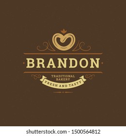 Bakery badge or label retro vector illustration pretzel silhouette for bakehouse. Vintage typographic logo design.