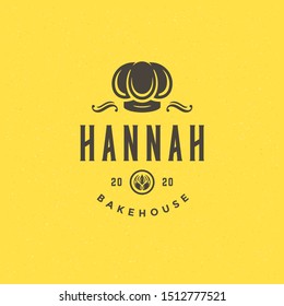 Bakery badge or label retro vector illustration baker or chef hat silhouette for bakehouse. Pastry food vintage typographic logo design with decoration.