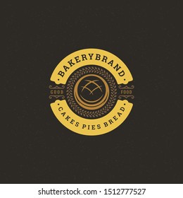 Bakery badge or label retro vector illustration bread or loaf silhouette for bakehouse. Pastry food vintage typographic logo design with decoration.