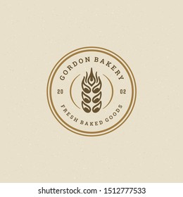 Bakery badge or label retro vector illustration ear wheat silhouette for bakehouse. Pastry food vintage typographic logo design with decoration.