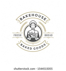 Bakery badge or label retro vector illustration baker woman holding basket with bread silhouette for bakehouse. Vintage typographic logo design.