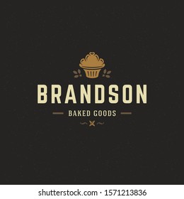 Bakery badge or label retro vector illustration cupcake and wheat silhouettes for bakehouse. Pastry food vintage typographic logo design with decoration.