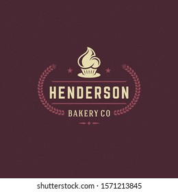 Bakery badge or label retro vector illustration cupcake and wheat silhouettes for bakehouse. Pastry food vintage typographic logo design with decoration.