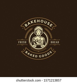 Bakery badge or label retro vector illustration baker women holding basket with bread silhouette for bakehouse. Vintage typographic logo design.