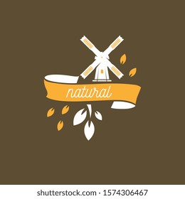 Bakery badge or label retro vector illustration mill silhouette for bakehouse. Pastry food vintage typographic logo design with decoration.