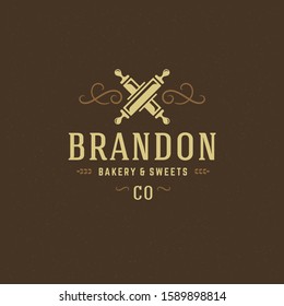 Bakery badge or label retro vector illustration. Rolling pin silhouette for bakehouse. Vintage typographic logo design.