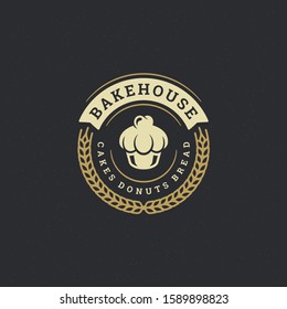 Bakery badge or label retro vector illustration cupcake and wheat silhouettes for bakehouse. Vintage typographic logo design.