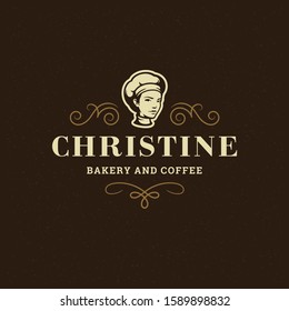 Bakery badge or label retro vector illustration. Baker woman or chef in hat silhouette for bakehouse. Vintage typographic logo design.