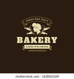 Bakery badge or label retro vector illustration. Baker man or chef in hat silhouette for bakehouse. Vintage typographic logo design.