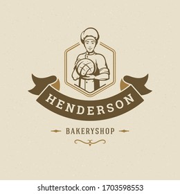 Bakery badge or label retro vector illustration. Baker man holding bread silhouette for bakehouse. Vintage typographic logo design.