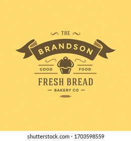 Bakery badge or label retro vector illustration cupcake silhouette for bakehouse. Vintage typographic logo design.