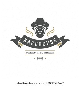 Bakery badge or label retro vector illustration. Bread or loaf in chef hat silhouette for bakehouse. Vintage typographic logo design.