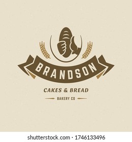 Bakery badge or label retro vector illustration. Hand holding bread or loaf silhouette for bakehouse. Vintage typographic logo design.
