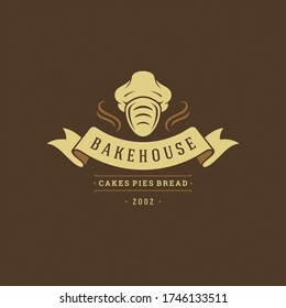 Bakery badge or label retro vector illustration. Bread or loaf i chef hat silhouette for bakehouse. Vintage typographic logo design.