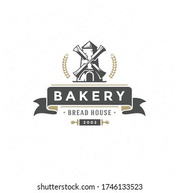 Bakery badge or label retro vector illustration. Mill silhouette for bakehouse. Vintage typographic logo design.