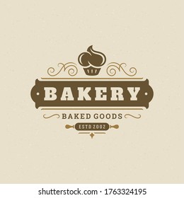 Bakery badge or label retro vector illustration. Cupcake silhouette for bakehouse. Vintage typographic logo design.