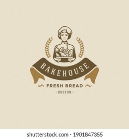 Bakery badge or label retro vector illustration. Baker woman holding basket with bread silhouette for bakehouse. Vintage typographic logo design.