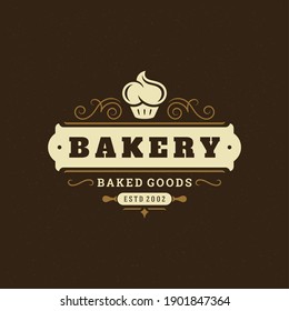 Bakery badge or label retro vector illustration. Cupcake silhouette for bakehouse. Vintage typographic logo design.