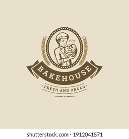 Bakery badge or label retro vector illustration. Baker woman holding basket with bread silhouette for bakehouse. Vintage typographic logo design.