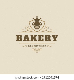 Bakery badge or label retro vector illustration. Cupcake silhouette for bakehouse. Vintage typographic logo design.