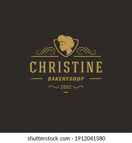 Bakery badge or label retro vector illustration. Baker woman or chef in hat silhouette for bakehouse. Vintage typographic logo design.