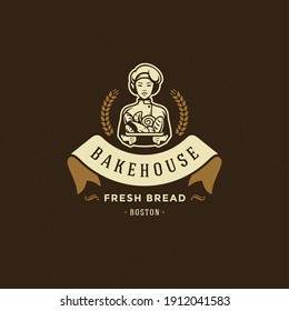 Bakery badge or label retro vector illustration. Baker woman holding basket with bread silhouette for bakehouse. Vintage typographic logo design.