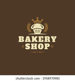 Bakery badge or label retro vector illustration. Cupcake silhouette for bakehouse. Vintage typographic logo design.