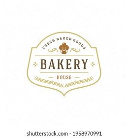 Bakery badge or label retro vector illustration. Cupcake silhouette for bakehouse. Vintage typographic logo design.