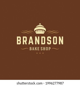 Bakery badge or label retro vector illustration. Cupcake silhouette for bakehouse. Vintage typographic logo design.