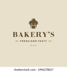 Bakery badge or label retro vector illustration. Cupcake silhouette for bakehouse. Vintage typographic logo design.